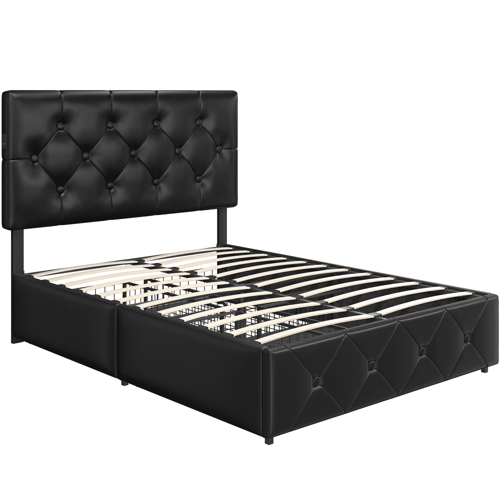 Topeakmart Queen Size Faux Leather Upholstered Bed Frame with 4 Storage