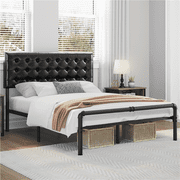 Topeakmart Queen Size Metal Bed Frame with Upholstered Headboard, Height-Adjustable, Elegant Black