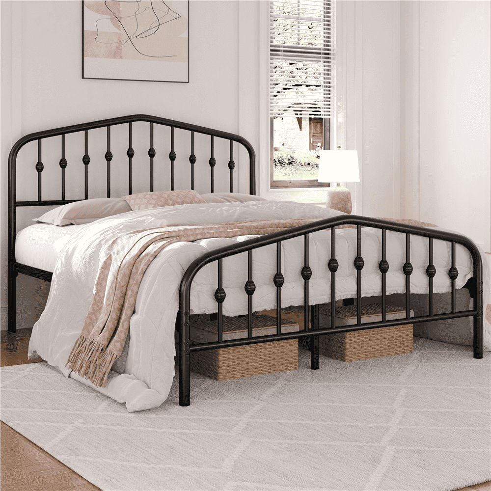 Queen Black Metal Bed Frame with Arched Headboard and Footboard
