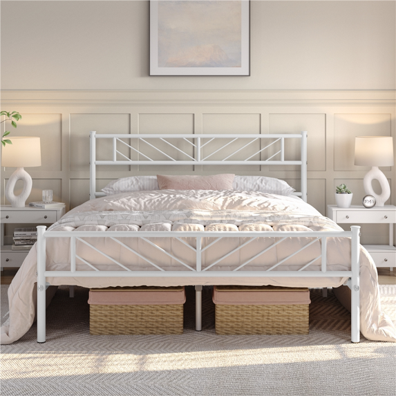 Topeakmart Queen Size Metal Platform Bed Frame with Headboard and Footboard, White