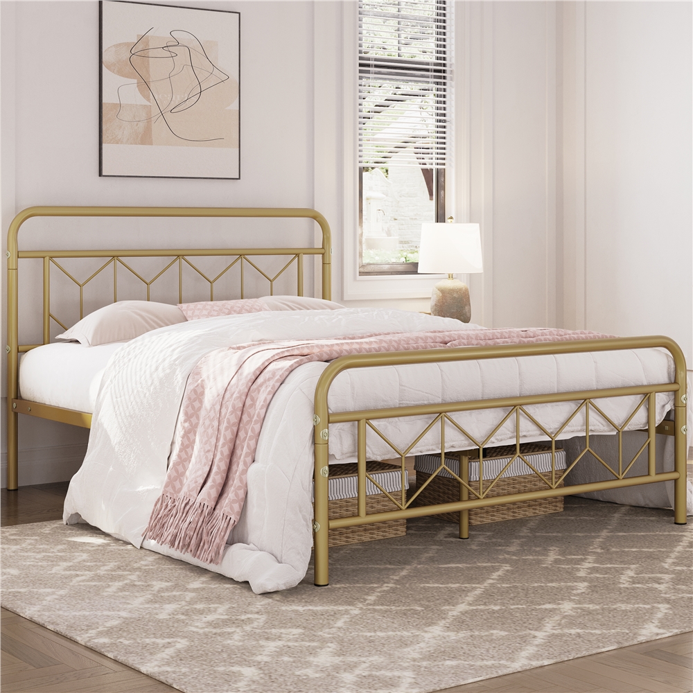 Topeakmart Queen Size Metal Platform Bed with Vintage Headboard