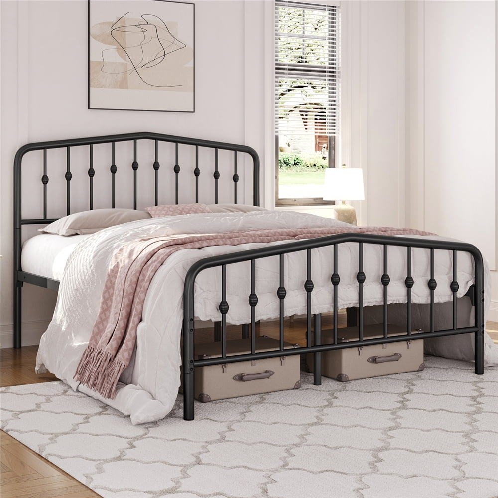 Queen Black Metal Bed Frame with Arched Headboard and Footboard