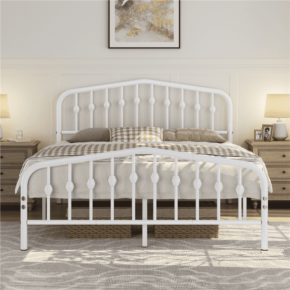 Topeakmart Metal Bed with Arched Headboard and Footboard, White, Queen