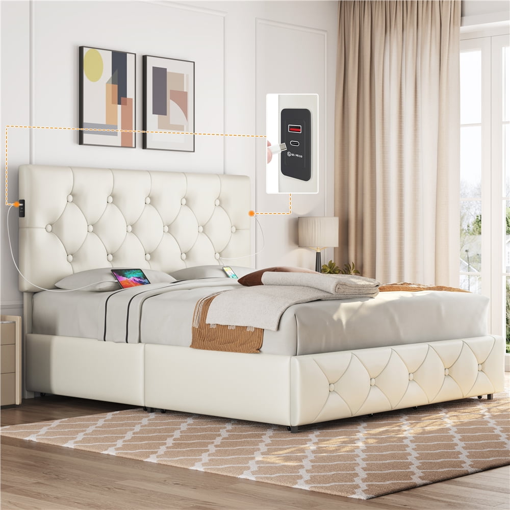 Topeakmart Queen Size Upholstered Bed Frame with 4 Storage Drawers and