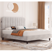 Topeakmart Queen Size Upholstered Platform Bed with Built-In USB Ports & Tufted Headboard, Beige
