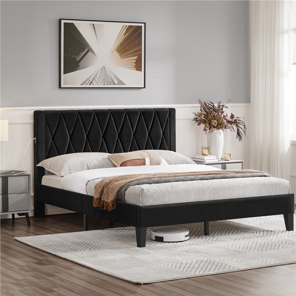 Topeakmart Queen Size Upholstered Platform Bed with Built-In USB Ports & Tufted Headboard, Black - image 1 of 9