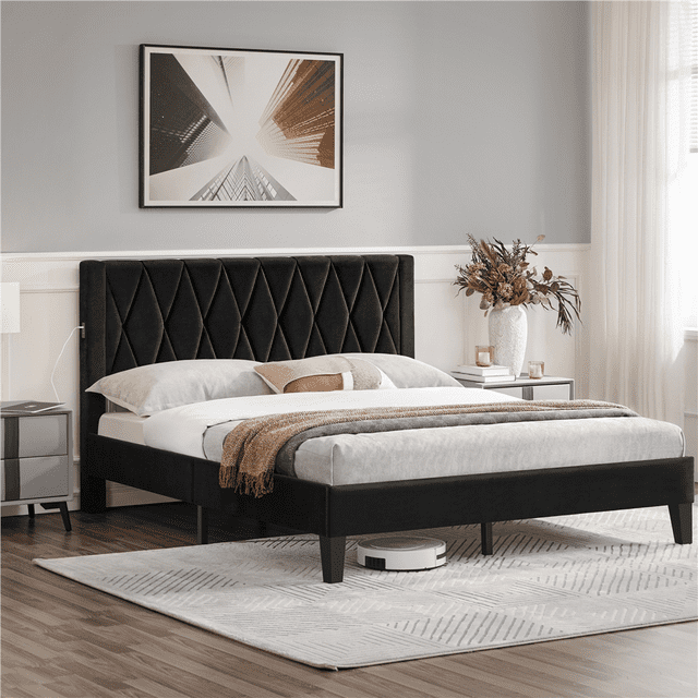 Topeakmart Queen Size Upholstered Platform Bed with Built-In USB Ports & Tufted Headboard, Black