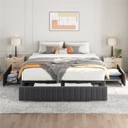 Yaheetech Queen Size Upholstered Storage Bed with 3 Storage Drawers, Dark Gray