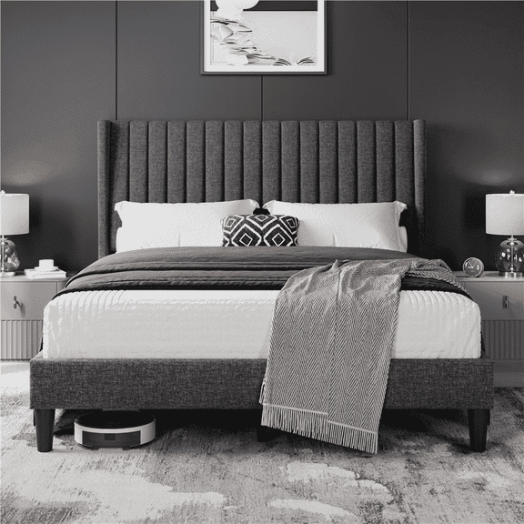Yaheetech Queen Sized Upholstered Bed Frame Wing-Designed Headboard, Dark Gray
