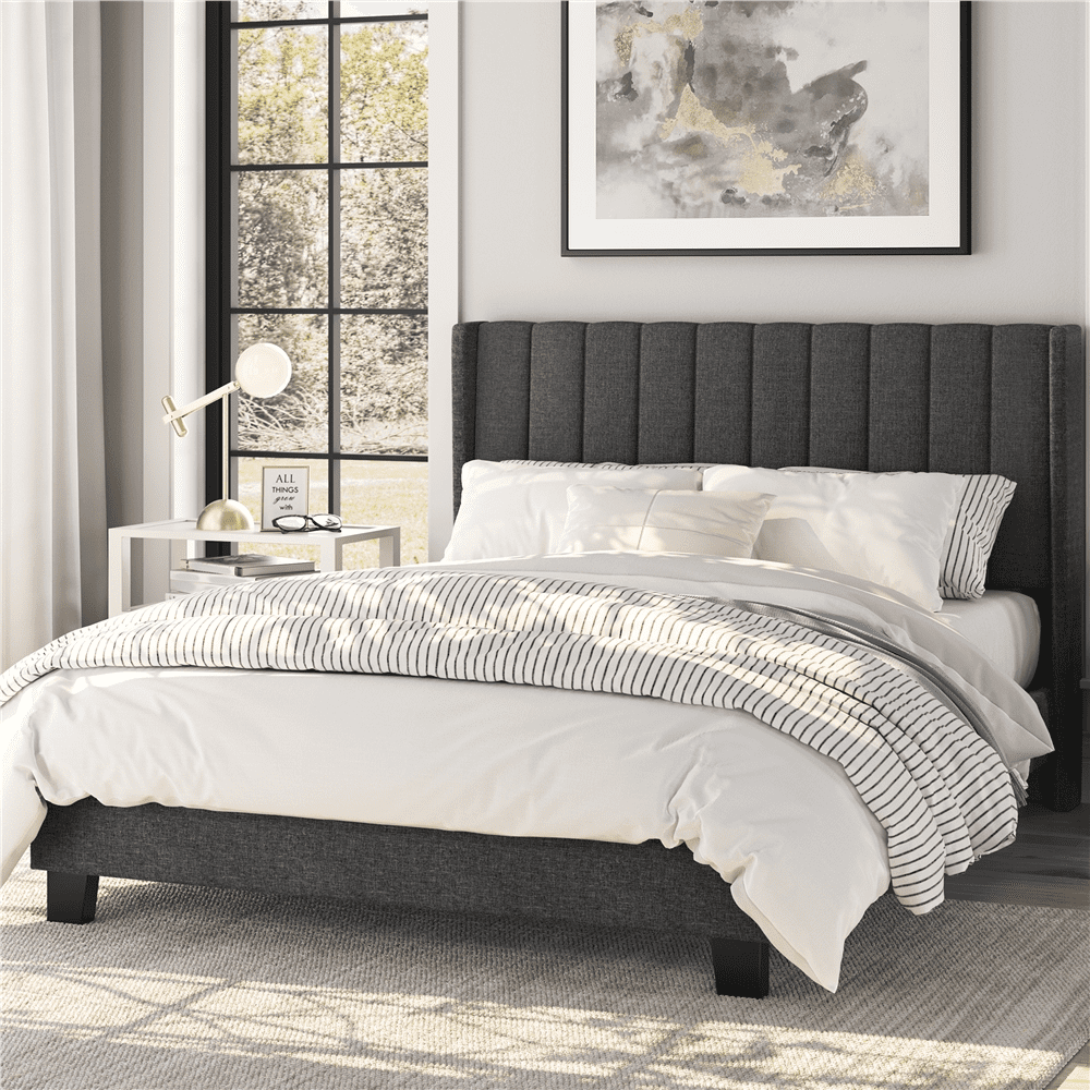 Topeakmart Queen Upholstered Bed Frame Wing Designed Headboard Dark Gray