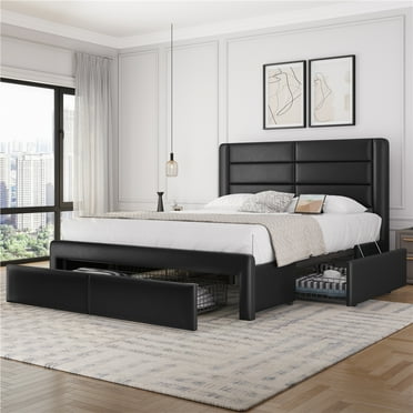 Topeakmart Queen Upholstered Leather Bed Frame with 3 Storage Drawers and Built-In USB Ports, Black