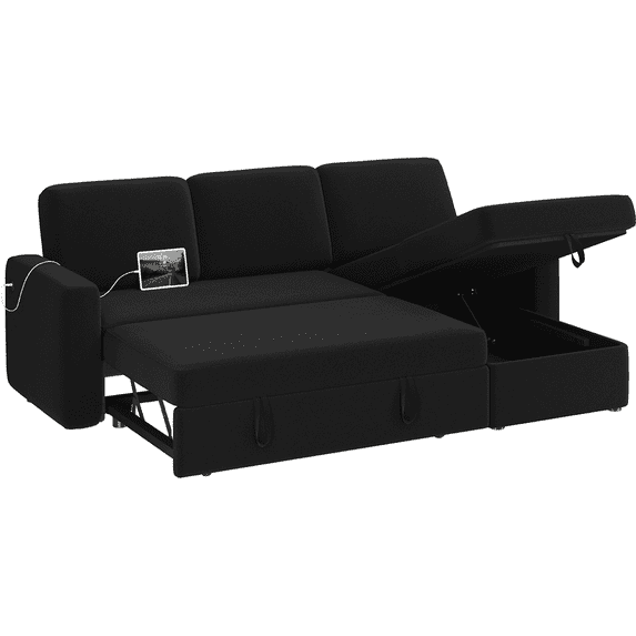 Topeakmart Reversible L-Shaped Sectional Sofa Bed with USB & Type-C Ports, Black