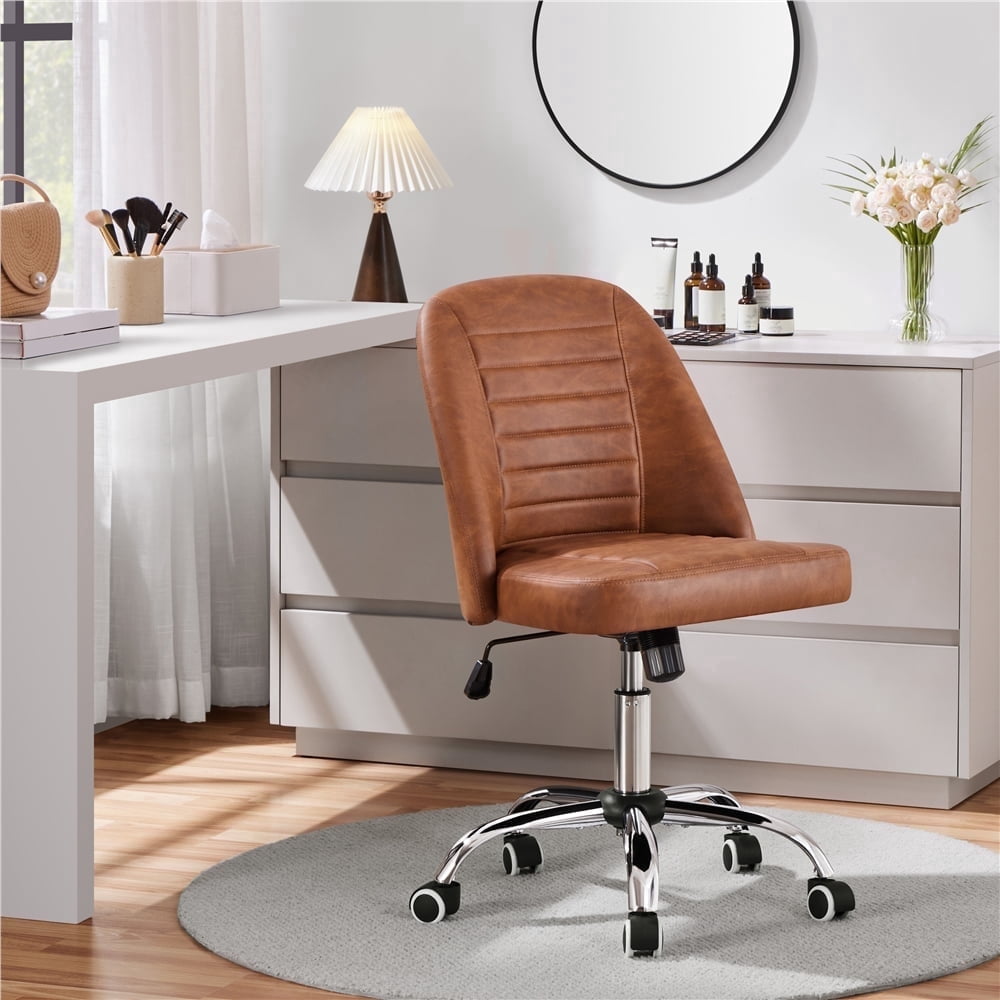 Yaheetech Rolling Faux Leather Desk Chair with Chrome Plated Metal Base, Retro Brown