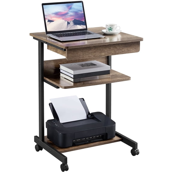 Yaheetech Rolling Laptop Computer Desk Table Tray Desk with Drawer and Shelf on Wheels, Taupe Wood
