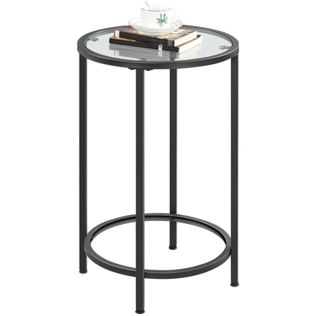 Yaheetech Round Glass Top Bedside Table End Table Accent Table with Metal Frame, Black
