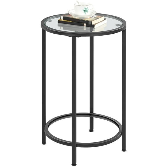 Topeakmart Round Glass Top Bedside Table End Table Accent Table with Metal Frame, Black