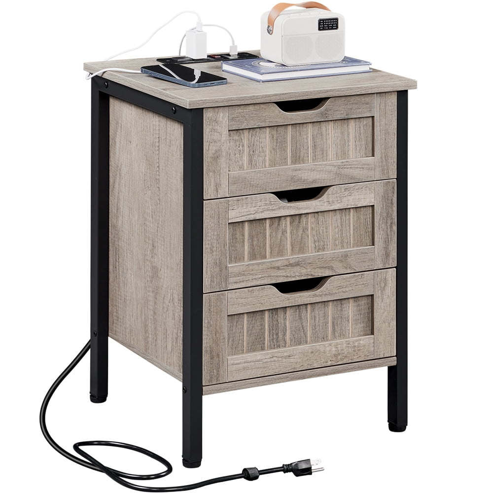 Topeakmart Rustic MetalFramed Nightstand with 3 Drawers and Charging