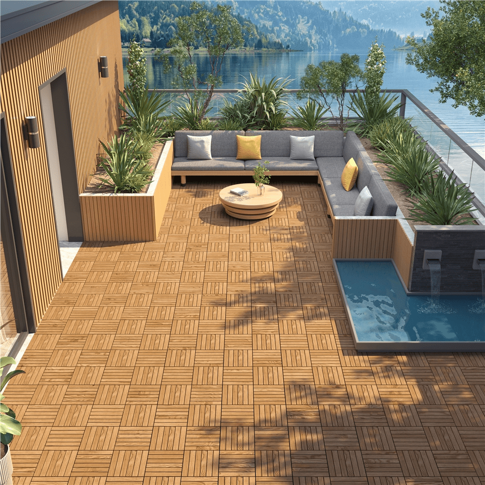 Topeakmart Set of 27 Interlocking Wood Flooring Tiles for Garden, Wood