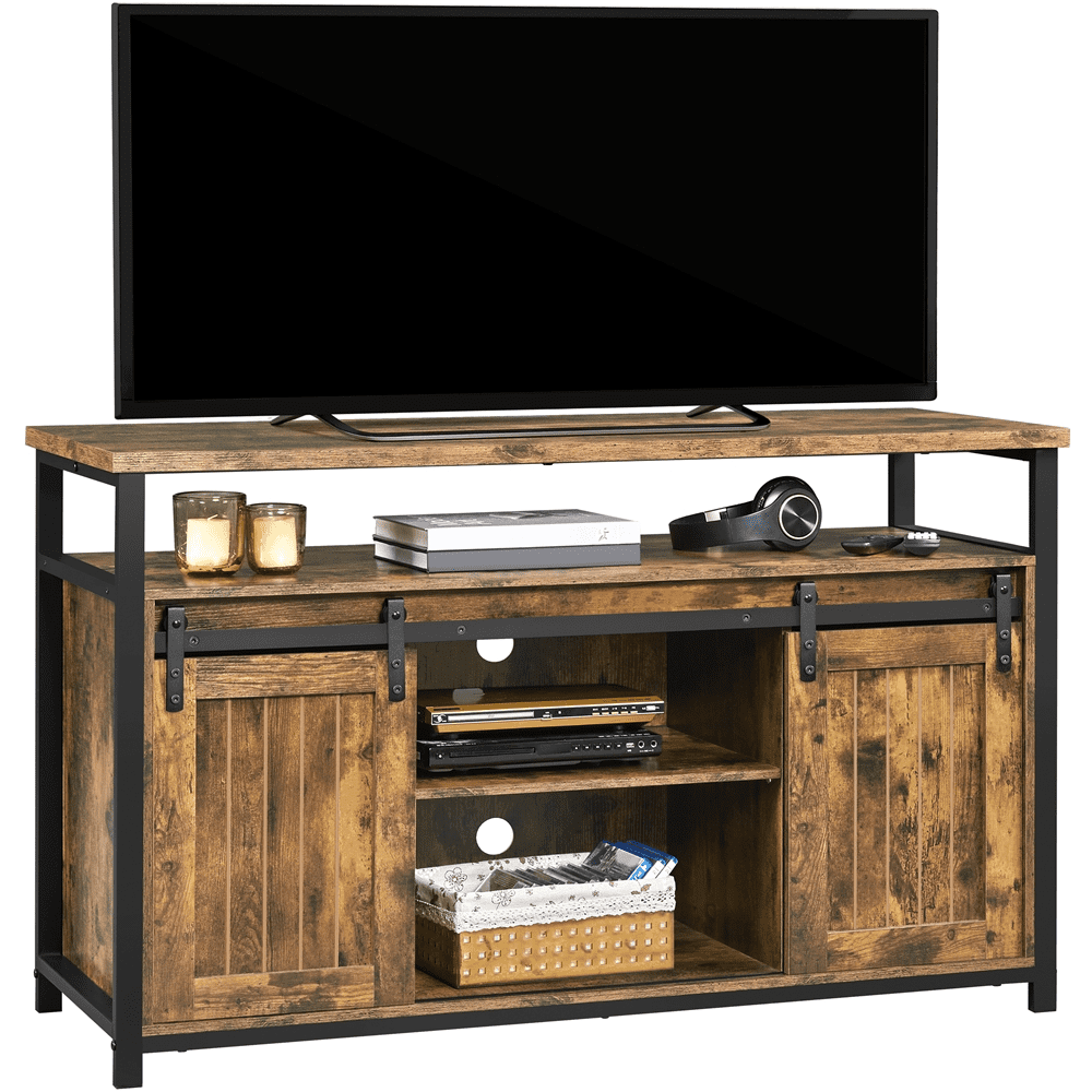 Rustic Brown Wood and Iron TV Stand with Sliding Barn Doors