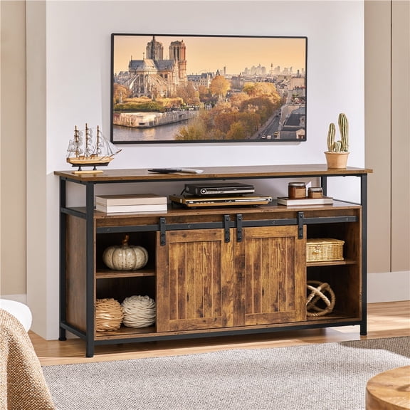 Yaheetech TV Cabinet with Sliding Barn Doors for TVs up to 65-inch, Rustic Brown