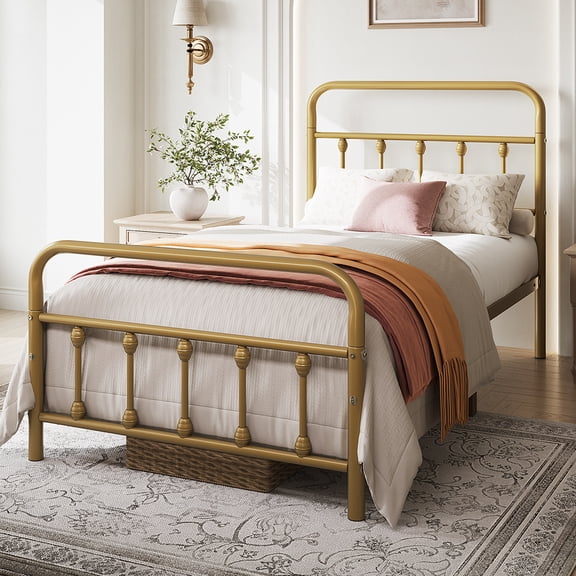 Yaheetech Metal Bed Frame Spindle Headboard and Footboard, Antique Gold, Twin