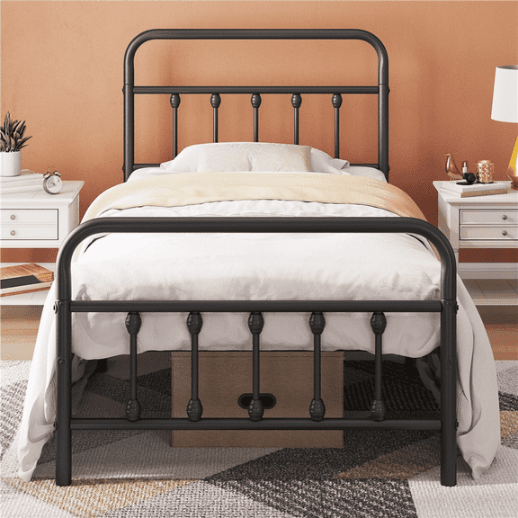 Yaheetech Metal Platform Bed with High Headboard and Footboard, Black, Twin