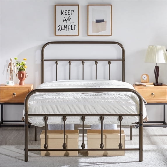 Topeakmart Metal Bed Frame Spindle Headboard & Footboard, Bronze, Twin