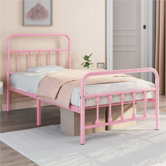 Topeakmart Iron Metal Platform Bed with High Headboard and Footboard, Twin, Pink