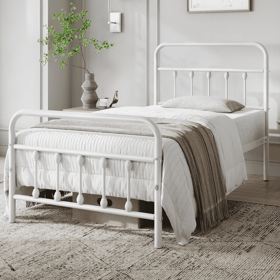Yaheetech Twin Size Classic Metal Platform Bed with High Headboard and Footboard, White