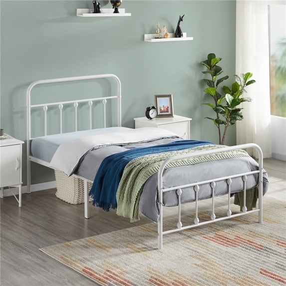Topeakmart Metal Bed Frame Spindle Headboard & Footboard, White, Twin