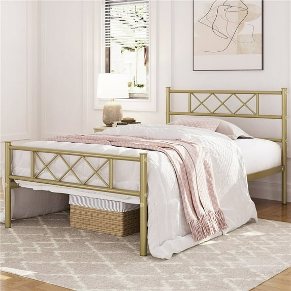 Topeakmart Twin Metal Bed Frame with Crisscross Headboard & Footboard, Antique Gold