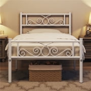 Yaheetech Twin Metal Platform Bed Frame with Scroll Design Headboard and Footboard, White