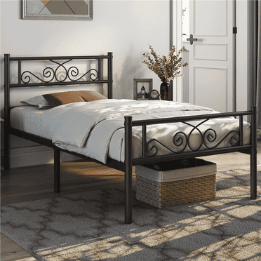Topeakmart Twin Size Metal Platform Bed Frame with Headboard and Footboard, Black