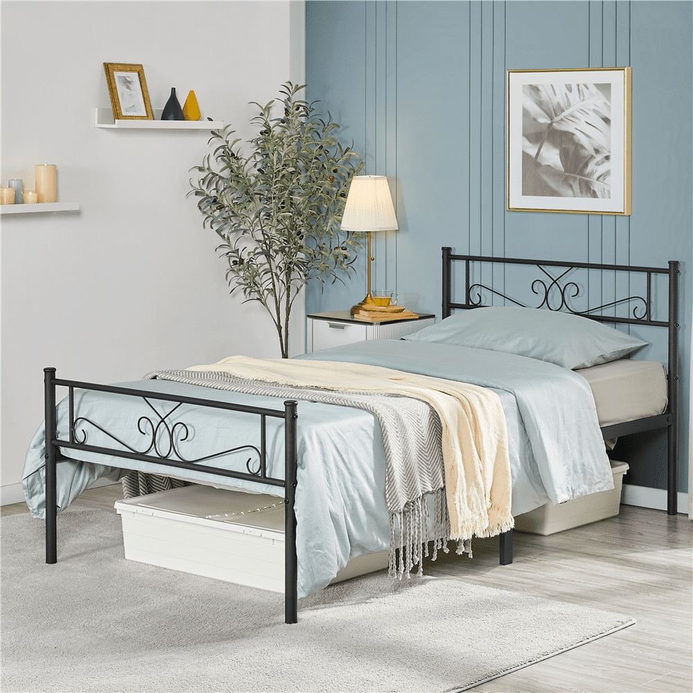 Topeakmart Twin Size Metal Platform Bed Frame with Headboard and Footboard, Black