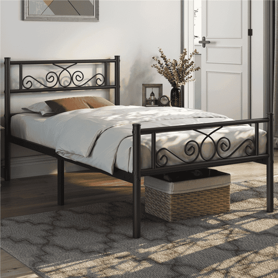 Yaheetech Twin Size Metal Platform Bed Frame with Headboard and Footboard, Black