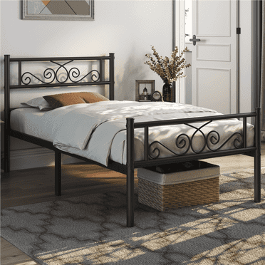 Topeakmart Twin Size Metal Platform Bed Frame with Headboard and Footboard, Black