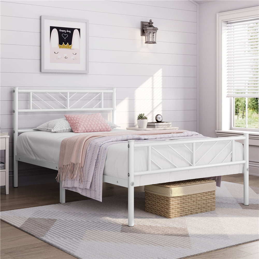 Topeakmart Twin Size White Metal Bed Frame with Arrow Headboard