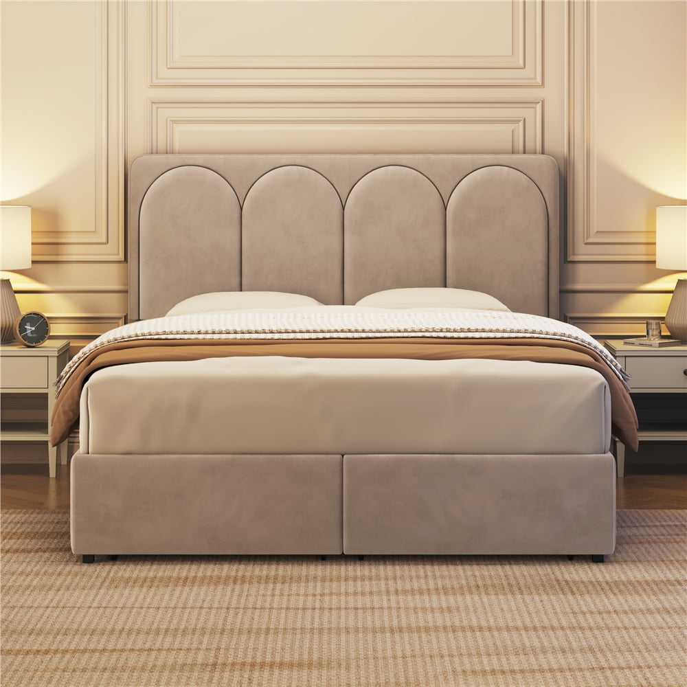 Topeakmart Upholstered Bed with 4 Storage Drawers and Arch Channel