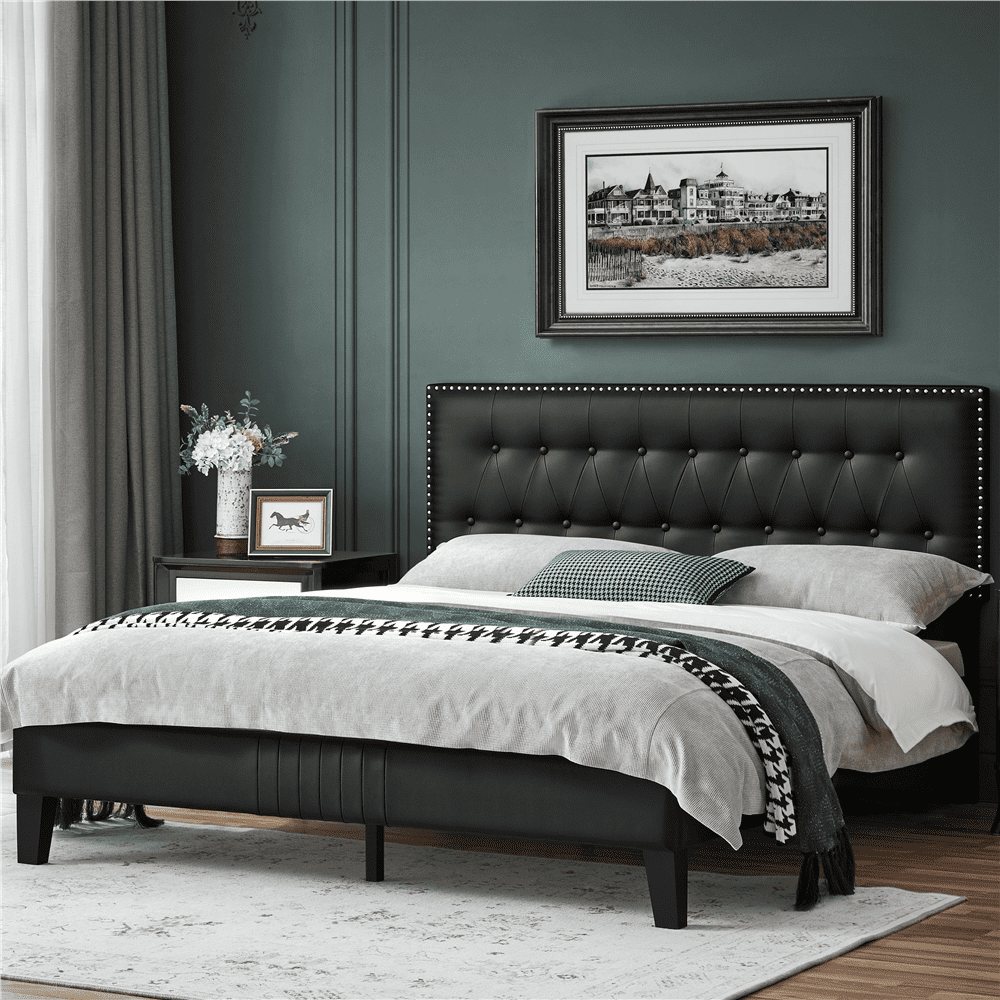 Topeakmart Upholstered Platform Bed Frame with ButtonTufted Leather
