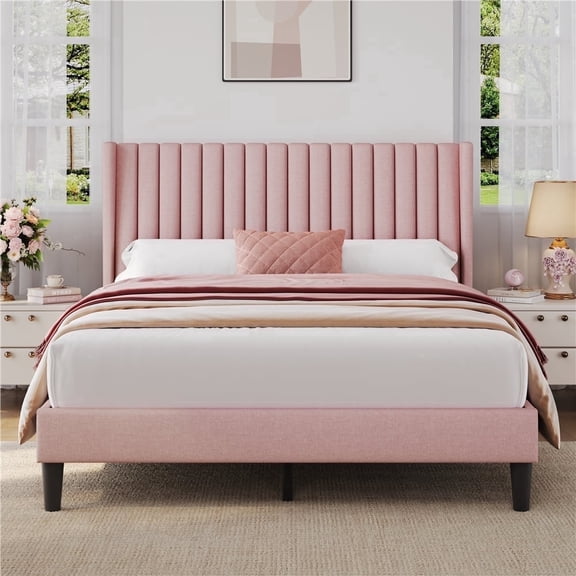 Yaheetech Upholstered Platform Bed Frame with Channel Tufted Headboard, Queen, Pink