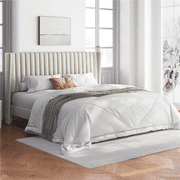 Topeakmart Upholstered Platform Bed with Headboard, King, Ivory