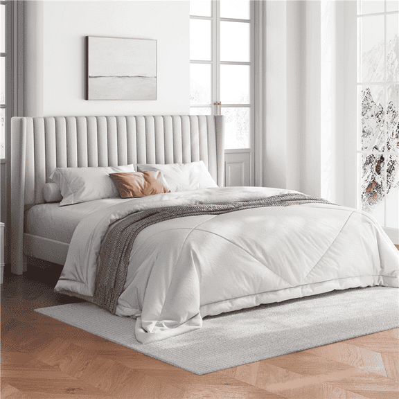 Yaheetech Upholstered Platform Bed with Headboard, King, Ivory