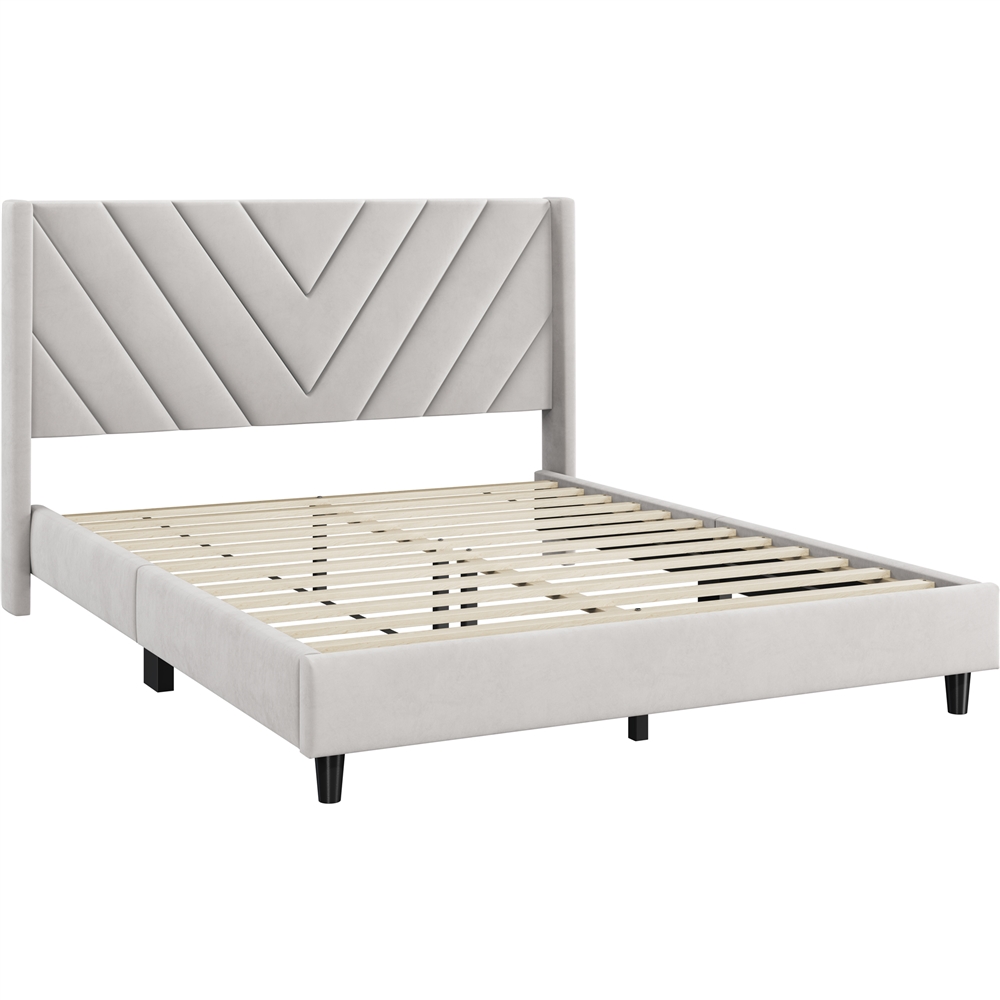 Topeakmart Upholstered Platform Bed with Tufted Headboard, Queen, Beige