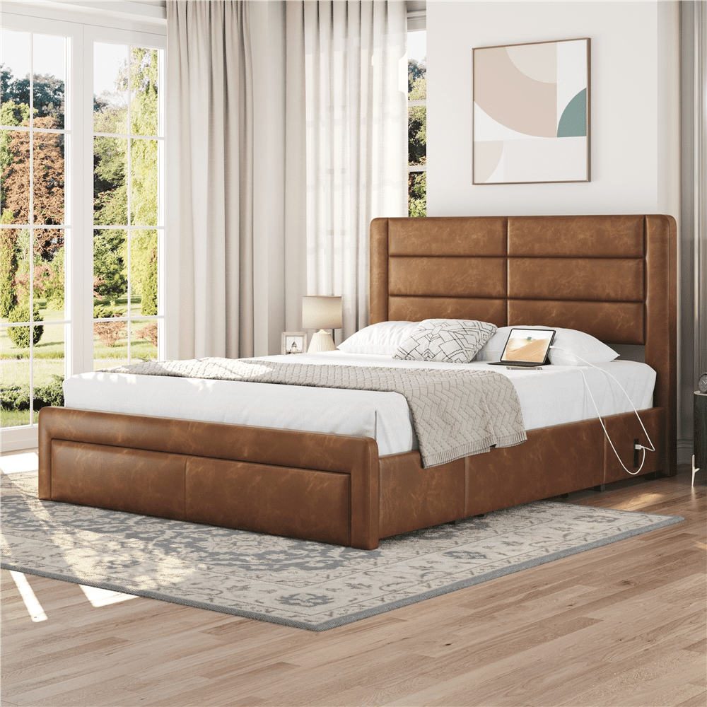 Topeakmart Queen Platform Bed, Upholstered Leather, 3 Drawers, USB Ports,  Amber Brown - Walmart.com, image size:1000x1000