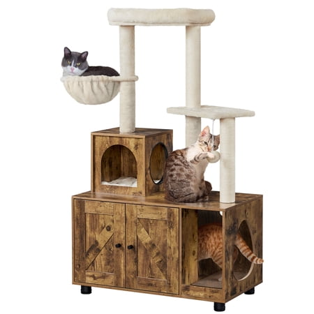 Topeakmart Wooden Cat Litter Box Enclosure with Cat Tree Tower, Rustic Brown