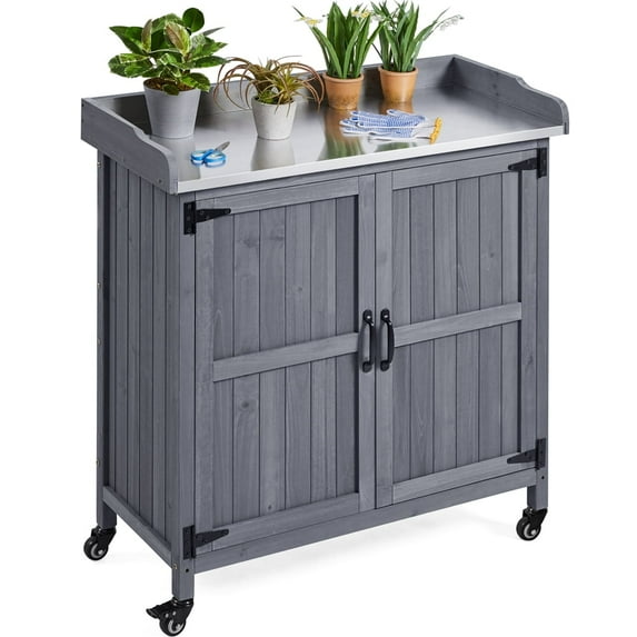 Topeakmart Wooden Garden Potting Bench Table with Storage Cabinet for Outdoor, Gray