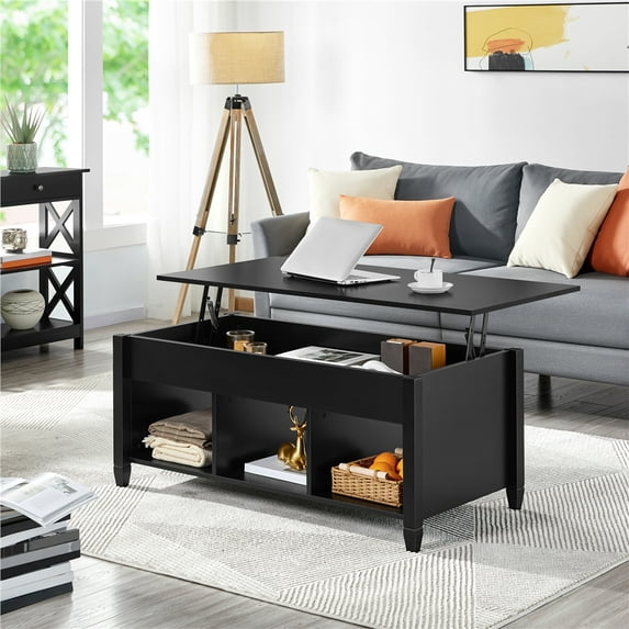 Topeakmart Wooden Lift Top Coffee Table with Hidden Compartment & 3 Cube Open Shelves for Living Room, Black