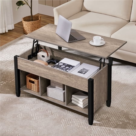 Yaheetech Wooden Lift Top Coffee Table with Hidden Compartment & 3 Cube Open Shelves for Living Room, Gray
