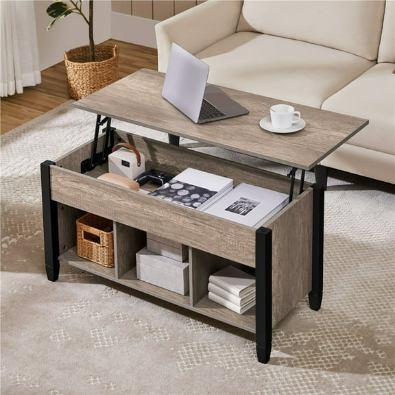 Topeakmart Wooden Lift Top Coffee Table with Hidden Compartment & 3 Cube Open Shelves for Living Room, Gray