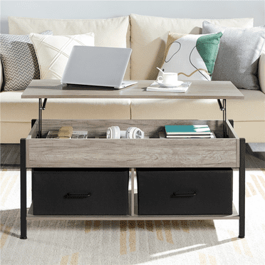 Topeakmart Wooden Lift Top Coffee Table with Hidden Compartment and 2 Fabric Storage Baskets, Gray